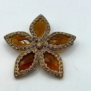 Vintage Signed Monet Amber Crystal Flower Brooch